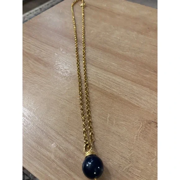 Anne Klein Gold Tone long Strand Rolo Chain Navy Blue Orb Pendant Necklace VTG - Picture 7 of 9